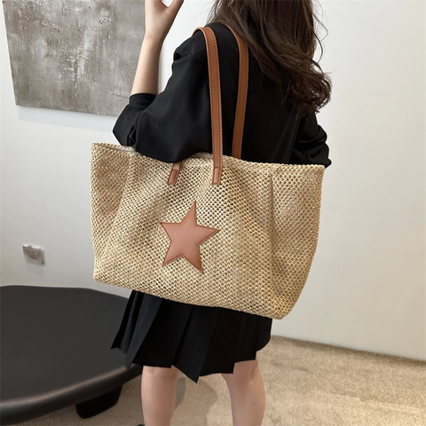 Women Straw Woven Tote Bag Star Pattern Large Capacity PU Leather Summer Vacation Casual Shoulder Handbag