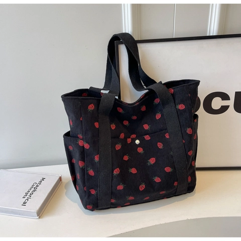 Women Vintage Corduroy Shoulder Bag Strawberry Print Large Capacity Tote Bag With Side Pockets Casual Canvas Handbag
