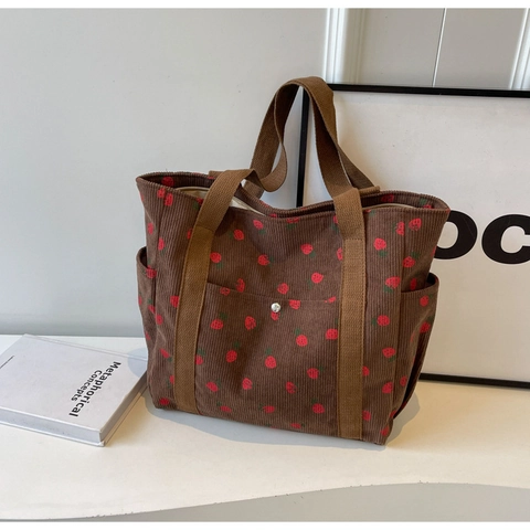 Women Vintage Corduroy Shoulder Bag Strawberry Print Large Capacity Tote Bag With Side Pockets Casual Canvas Handbag