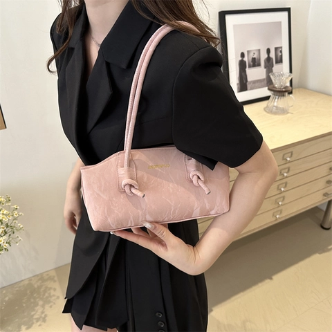 Damen Trendy Knitteroptik PU Leder Unterarmtasche Minimalistische Umhängetasche Mit Knoten Detail Reißverschluss Tasche