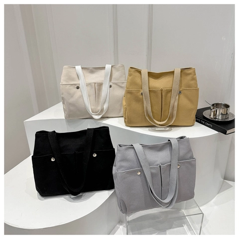 Bolso Tote de Lona de Gran Capacidad para Mujer Color Sólido Casual Bolso de Hombro Con Bolsillos Delanteros Bolso Diario