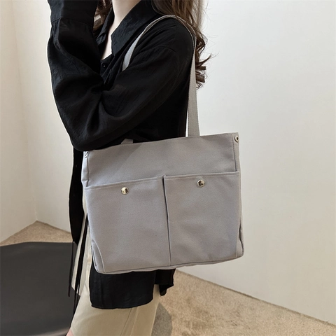 Borsa Tote in Tela Minimalista da Donna Grande Capacità Cucitura Borsa a Tracolla Semplice Borsa a Mano Sottobraccio Tinta Unita