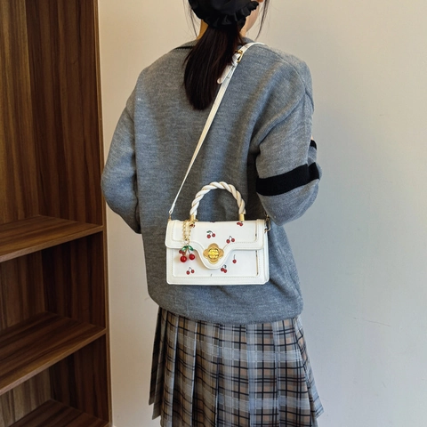 Women Sweet Cherry Print PU Leather Shoulder Bag With Twisted Handle And Flower Lock Women Small Square Crossbody Bag Daily Handbag
