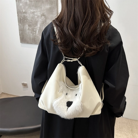 Damen PU Leder Schultertasche Plüsch Schnauzer Hund Aufnäher Große Kapazität Tote Bag Casual Pendler Handtasche