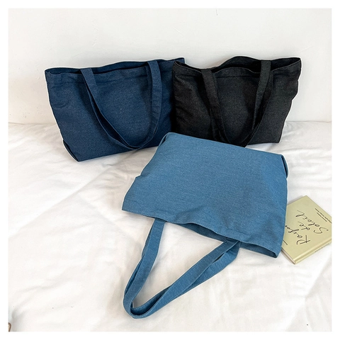 Women Minimalist Denim Canvas Tote Bag Large Capacity Solid Color Zipper Shoulder Handbag For Daily Commuting Shopping