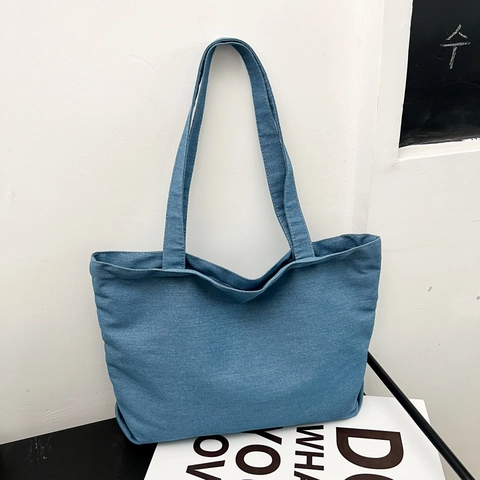Sac Fourre-tout en Toile Grande Capacité pour Femmes Texture Denim Sac à Épaule Minimaliste Urbain Sac à Main