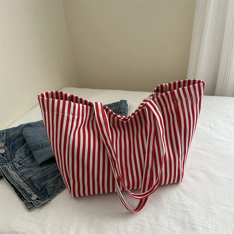 Damen Große Kapazität Gestreifte Canvas Tote Bag Lässig Minimalistisch Vertikale Streifen Umhängetasche Handtasche Alltag