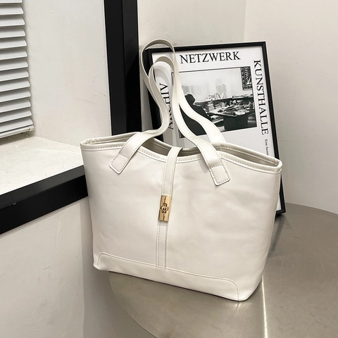 Women PU Leather Tote Bag Large Capacity Handbag With Gold Metal Turn Lock And Braided Rope Bell Pendant Chic Casual Style