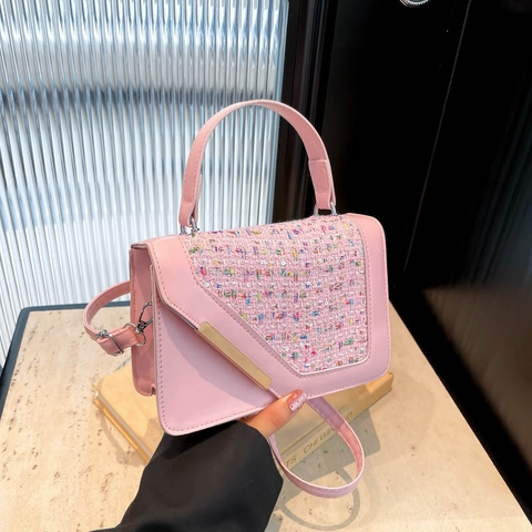 Women Crossbody Bag PU Leather Tweed Patchwork Small Square Shoulder Handbag With Metal Bar Decor Chic Top Handle Purse
