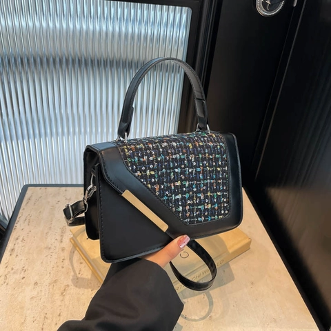 Women Crossbody Bag PU Leather Tweed Patchwork Small Square Shoulder Handbag With Metal Bar Decor Chic Top Handle Purse