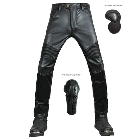 Heren Motor Rijbroek PU Leer Waterdicht Beschermende Uitrusting Verwijderbare Pads Accordeon Stretch Slim Fit Biker Broek Zwart