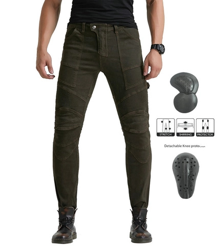 Herren Motorrad Reithose Baumwolle Spandex Stretch Racing Hose Schutz Biker Hose Mit Abnehmbaren Kniepolstern Olivgrün