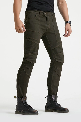 Pantalones de Motocicleta para Hombre Ajuste Entallado Vaqueros Protectores Con Rodilleras Desmontables de Algodón Elástico Pantalón Biker Verde Militar