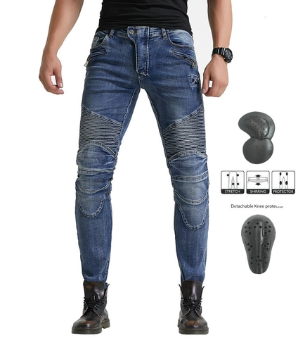 Vaqueros de Moto Retro para Hombre Algodón Lavado Corte Ajustado Pantalones Protectores Con Rodilleras Desmontables
