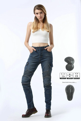 Women Motorcycle Riding Pants Slim Fit Denim Biker Cargo Pants With Removable Protective Gear Stretchy Moto Trousers