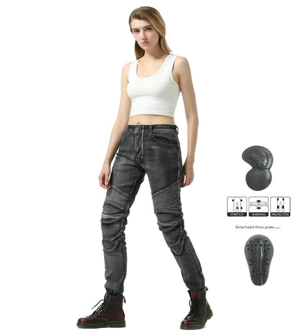 Pantaloni da Moto per Donna in Misto Cotone Protettivi con Protezioni Rimovibili Denim Elasticizzato Arricciato da Ciclismo