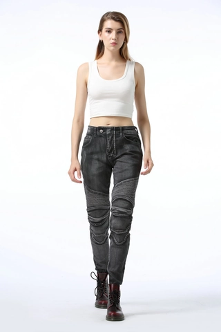 Pantaloni da Moto per Donna in Misto Cotone Protettivi con Protezioni Rimovibili Denim Elasticizzato Arricciato da Ciclismo
