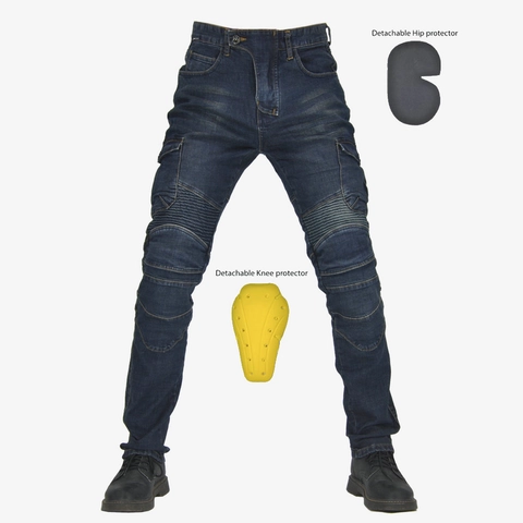 Pantaloni da Moto da Uomo Jeans Protettivi Cargo Con Protezioni Rimovibili per Ginocchia e Fianchi Pieghe Elastiche Denim
