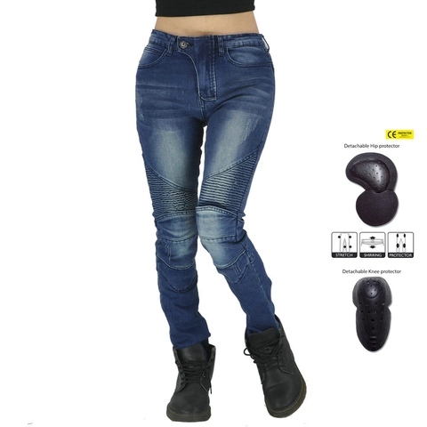 Women's Protective Biker Riding Jeans Slim Fit Stretch Motorcycle Pants With CE Armor Washed Cotton Outdoor Protective Trousers