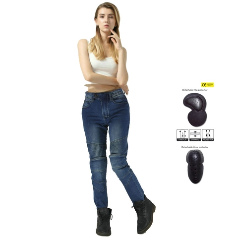 Pantaloni da Moto Donna in Denim Protettivi con Pieghe alle Ginocchia Elasticizzati Pantaloni Biker Protezioni Rimovibili