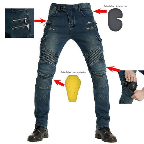 Jeans da Moto per Uomo con Protezioni CE Slim Fit Pantaloni Cargo Biker Tasche Multiple Pantaloni in Denim Lavato