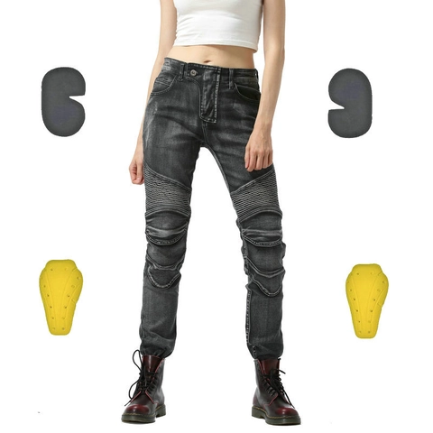 Jeans da Moto Biker Retrò da Donna Pantaloni da Equitazione in Denim Lavato Con Equipaggiamento Protettivo Slim Fit