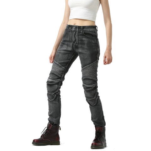 Jeans da Moto Biker Retrò da Donna Pantaloni da Equitazione in Denim Lavato Con Equipaggiamento Protettivo Slim Fit