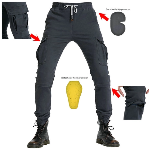 Men's Cargo Jogger Riding Pants Cotton Blend Solid Color Multi Pocket Trousers With Detachable Protectors For Outdoor Sport