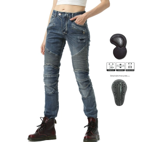 Dames Motorbroek Retro Katoen Beschermende Biker Broek Met Afneembare Pads Slim Fit Gewassen Fietsen Denim Jeans