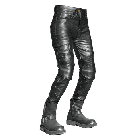 Pantalones de Motocicleta para Mujer Cuero PU Cargo Resistente al Viento e Impermeable con Equipo de Protección Rodilleras Negras