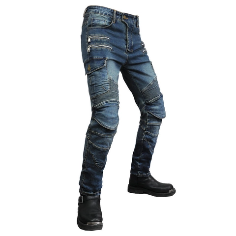 Pantalones de Motociclista para Hombre de Mezclilla de Algodón con Protecciones CE Multi Bolsillos Pantalones Cargo Elásticos