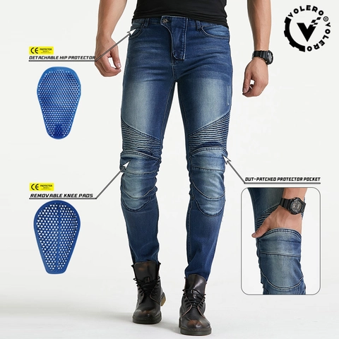 Pantaloni da Moto Protettivi Jeans da Motociclista Con Ginocchiere e Protezioni per le Anche Certificate CE Slim Fit Denim
