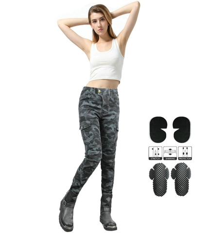 Damen Camouflage Motorrad Jeans Stretch Reithose Mit Schutzausrüstung Graue Camo Moto Ausrüstung Cargo Reithose