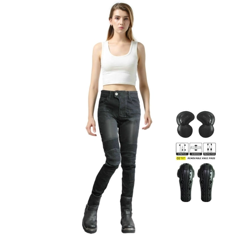 Damen Motorrad Reithose Slim Fit Schutzhose Mit Abnehmbaren CE-Protektoren Atmungsaktive Stretch Denim Moto Hose
