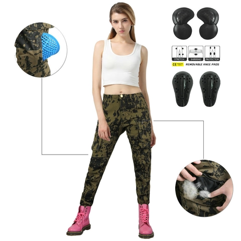 Women Camouflage Motorcycle Riding Pants Cotton Breathable Multi Pocket Tactical Cargo Trousers With Removable Pads Casual Outdoor Fashion