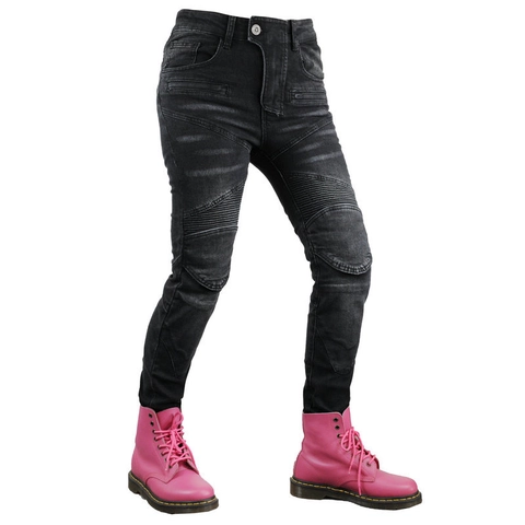 Pantaloni da Moto da Donna Jeans con Protezioni CE Rimovibili Denim Lavato Slim Fit Biker Pantaloni Grigio Scuro