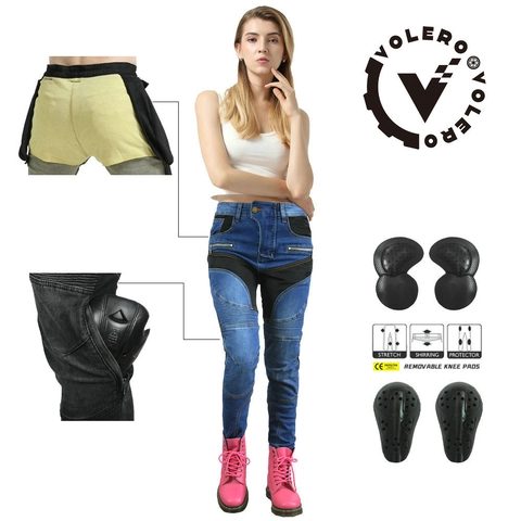 VOLERO Pantaloni da Moto per Donna in Denim Protettivo con Rete Traspirante e Protezioni CE Rimovibili Slim Fit Biker