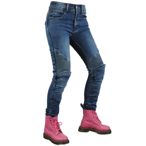 Pantaloni da Moto Donna Slim Fit Con Protezioni Ginocchia Rimovibili Jeans Denim Stretch Plissettato Biker per Primavera