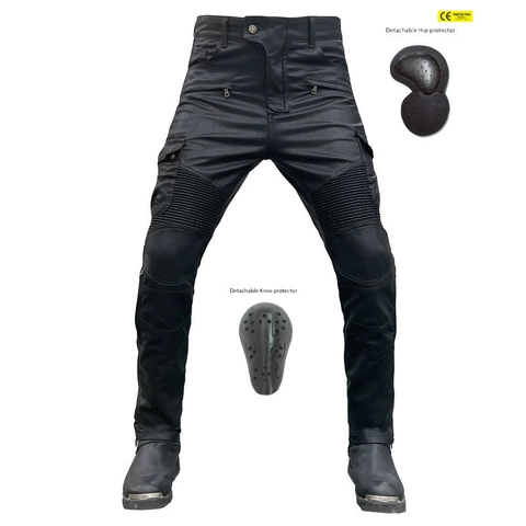 Motorradhose Herren PU-Leder Wasserdicht Winddicht Schutzhose Cargo-Hose Mit Abnehmbaren CE-Protektoren Moto-Hose