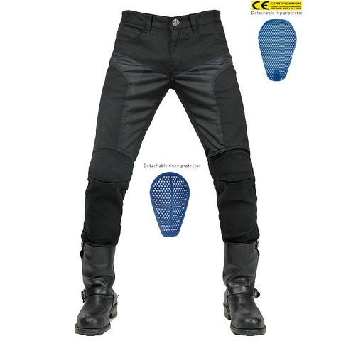 Pantaloni da Moto da Uomo in Jeans Traspiranti in Mesh con Protezioni per le Ginocchia in Silicone Regolabili Nero
