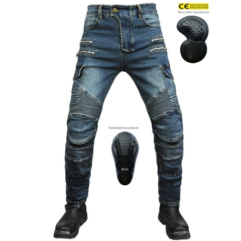 Pantalones de Motociclista para Hombre de Mezclilla de Algodón con Protecciones CE Multi Bolsillos Pantalones Cargo Elásticos