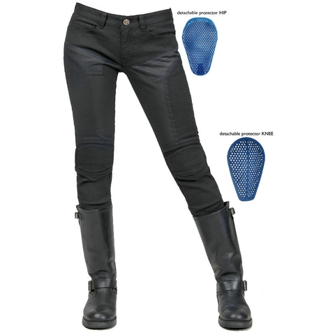 Pantaloni da Moto Traspiranti da Donna Vestibilità Slim Biker Jeans Con Protezioni Rimovibili Ventilazione in Rete Nero