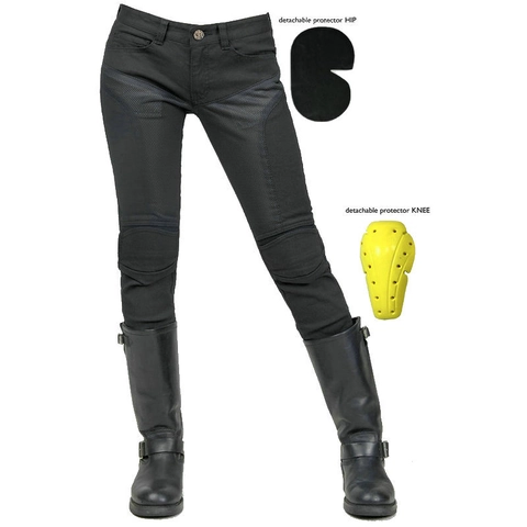 Pantaloni da Moto Donna Traspiranti in Mesh Protettivi Pantaloni Denim da Ciclismo Con Ginocchiere e Protezioni Fianchi Rimovibili Nero