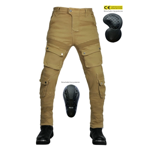Pantaloni da Moto Retro da Uomo Pantaloni Cargo Casual Con Protezioni Rimovibili Cachi Pantaloni Protettivi Multi-Tasca