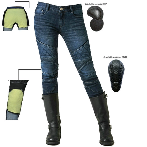 Pantaloni da Moto da Donna Jeans in Denim Rinforzati Resistenti all'Abrasione Con Protezioni Rimovibili Biker Moto Blu