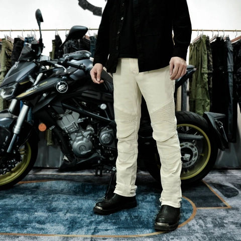 Pantaloni da Moto Vintage da Uomo Impermeabili Antivento Stretch Moto Jeans Con Protezioni in Silicone Rimovibili Off White Biker Trousers