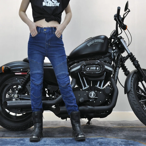 Pantaloni da Moto da Donna in Denim Elasticizzato Biker Con Protezioni Rimovibili per Fianchi e Ginocchia Pannelli a Fisarmonica