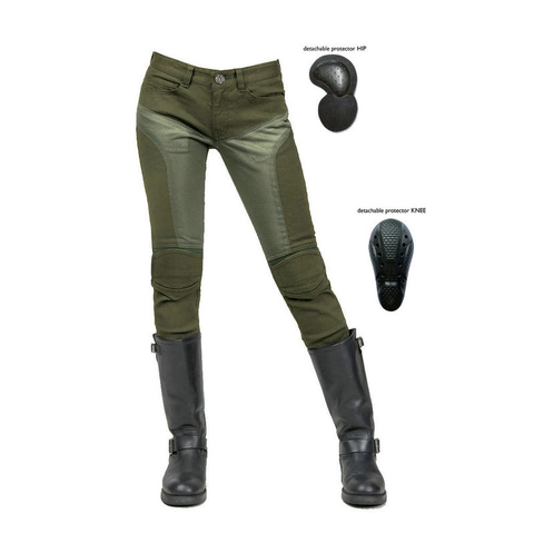 Pantaloni da Moto da Donna Estivi Traspiranti in Mesh con Protezioni per Ginocchia e Fianchi Verde Militare Nero Moto Slim