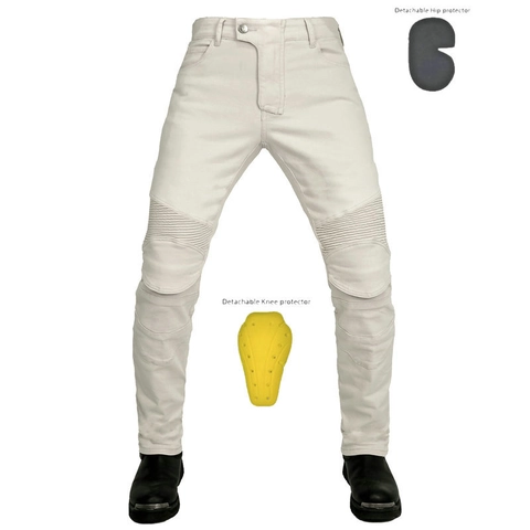 Men Protective Motorcycle Riding Jeans With Removable Gear Pads Slim Fit Cotton Blend Ribbed Panel Racing Pants Off-white