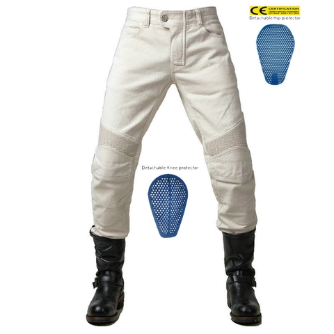 Pantaloni da Moto Vintage da Uomo Impermeabili Antivento Stretch Moto Jeans Con Protezioni in Silicone Rimovibili Off White Biker Trousers